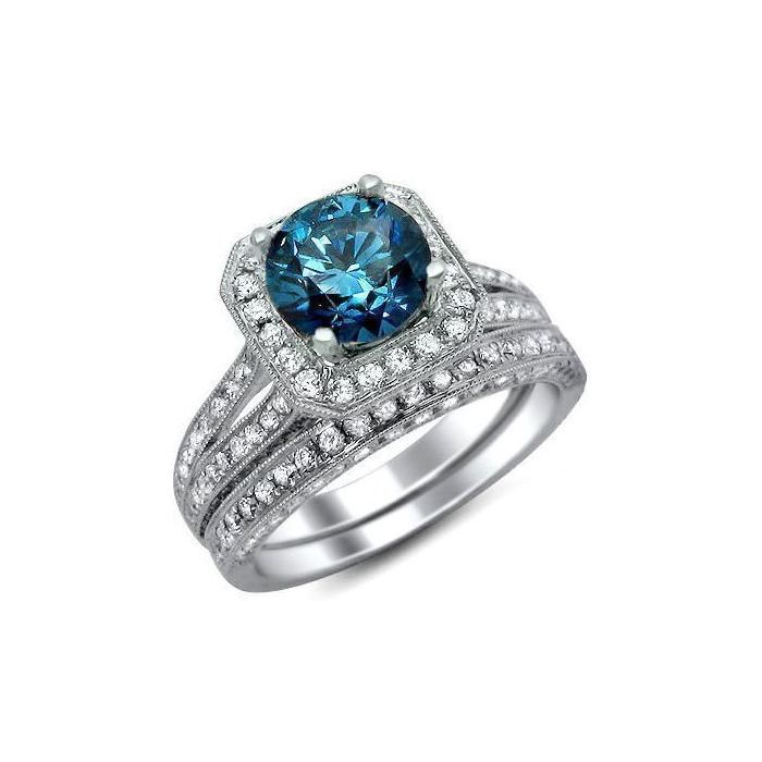 3.0ct Blue Round Diamond Engagement Ring Bridal Set 18k White Gold ...