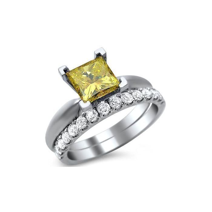Yellow Princess Diamond Engagement Ring Bridal Set 18k Wht Gld