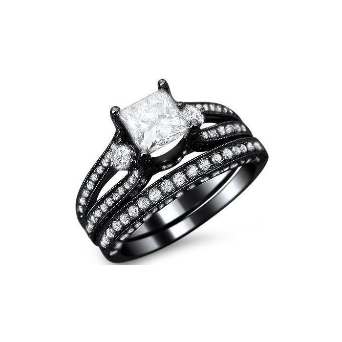 2.35ct Princess Cut Diamond Engagement Ring Bridal Set 14k Black Gold ...