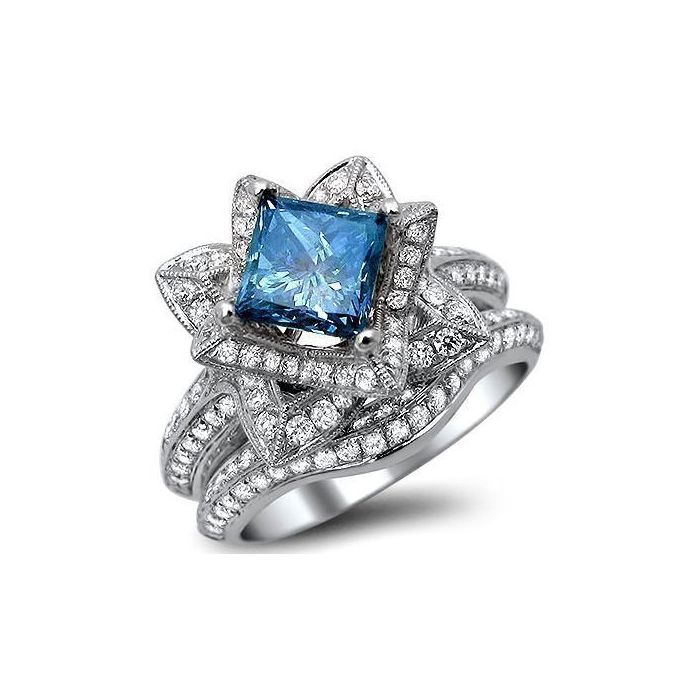 2.51ct Blue Princess Cut Diamond Lotus Flower Engagement Ring Bridal ...