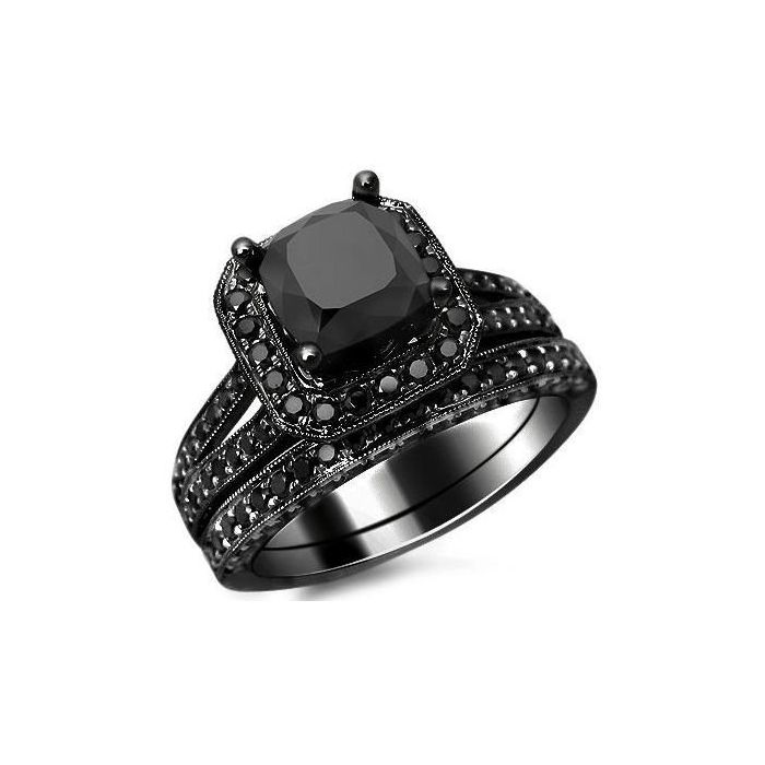 3.50ct Black Cushion Cut Diamond Engagement Ring Bridal Set 14k Black