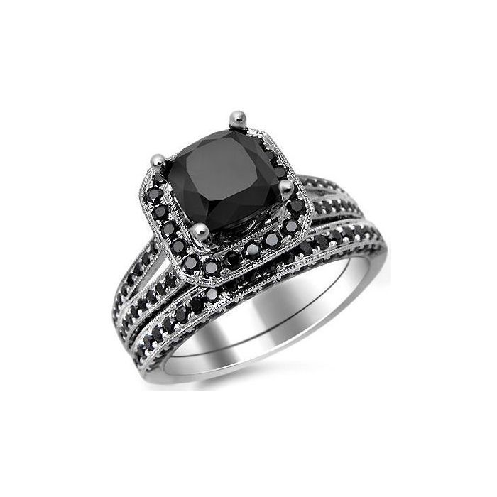 3.50ct Black Cushion Cut Diamond Engagement Ring Bridal Set 14k White