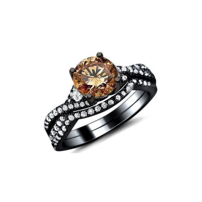 1.50ct Brown Round Diamond Engagement Ring Bridal Set 18k Black Gold