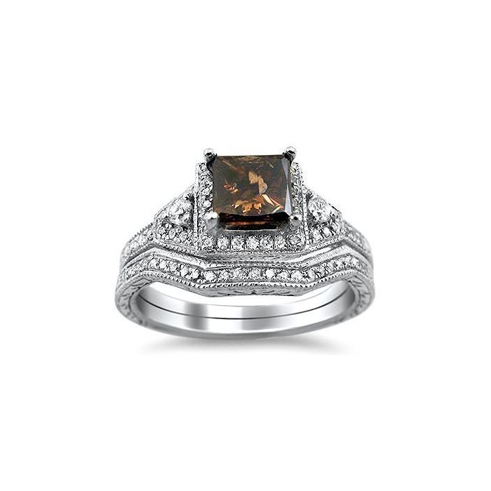 1.30ct Brown Princess Cut Diamond Engagement Ring Bridal Set 14k White Gold