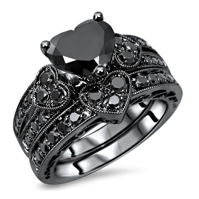 2.15ct Black Heart Shape Diamond Engagement Ring Wedding Set