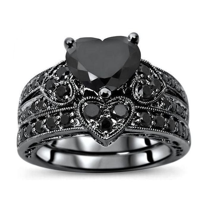 2.15ct Black Heart Shape Diamond Engagement Ring Wedding Set 14k Black Gold