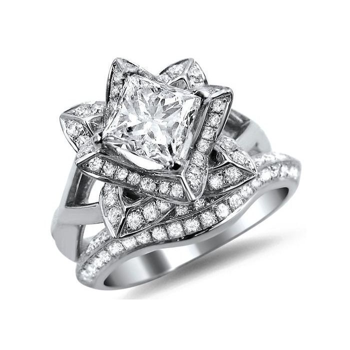 Certified Flower Lotus White Diamond 14K White Gold Engagement Wedding Ring Set. 