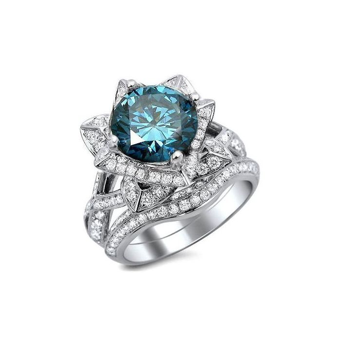 2.55ct Blue Round Diamond Lotus Flower Engagement Ring Set 14k White ...