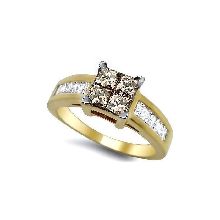 1.30ct Brown Quad Princess Cut Diamond Ring 14k Yellow Gold