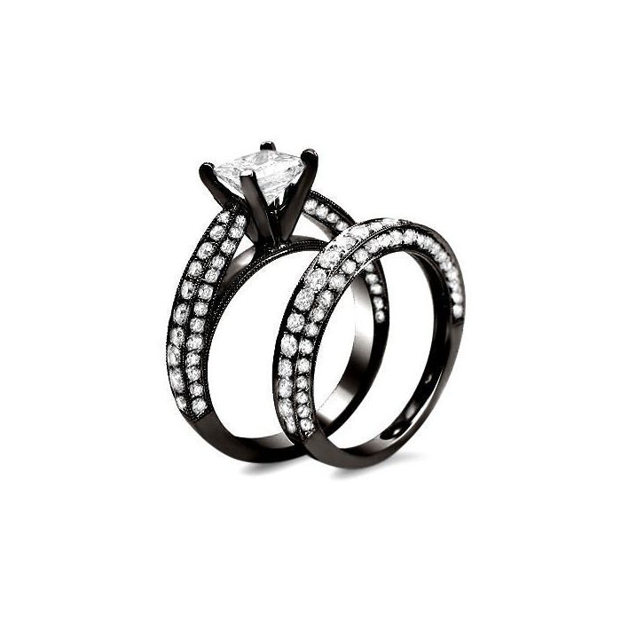 Princess Cut Cathedral Diamond Engagement Ring Matching Band Set 18k  Black Gold