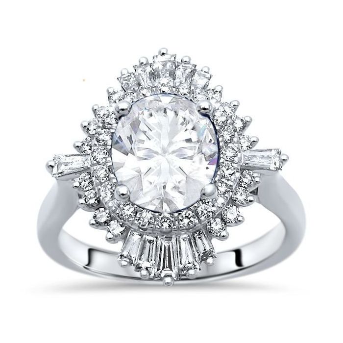 The Miranda Ring with a 9x7 Oval Forever One Colorless Moissanite in 14k White Gold
