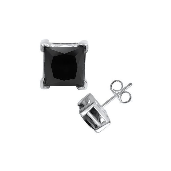 2.0ct Princess Cut Black Diamond Stud Earrings 14k White Gold / Front