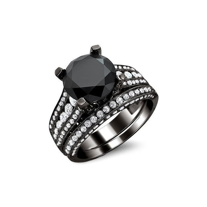 4.61ct Black Round Diamond Engagement Ring Bridal Set 18k Black Gold