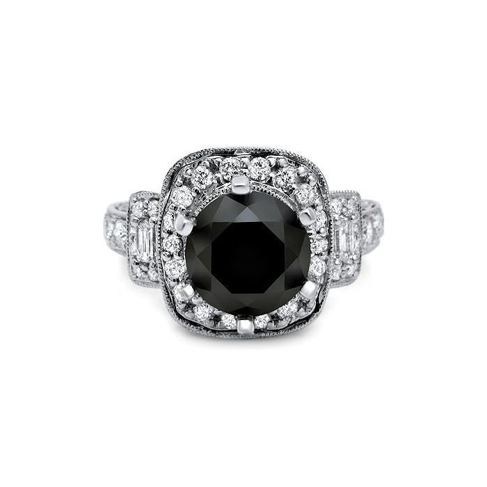 4.80ct Black Round Baguette Diamond Engagement Ring 14k White Gold ...
