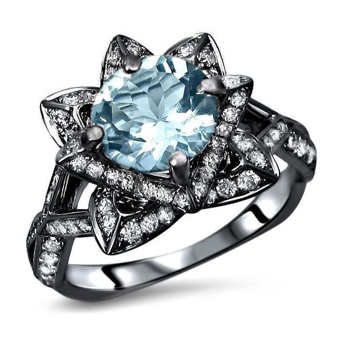 Lotus Flower Diamond Ring with 8mm Round Aquamarine 14k