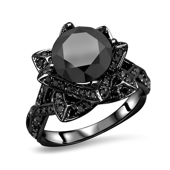 2.75ct Black Round Diamond Lotus Flower Engagement Ring 14k Black Gold /  Front Jewelers