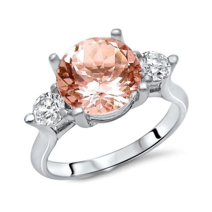 3.40ct Round Morganite Diamond 3 Stone Engagement Ring 18k White Gold 10mm