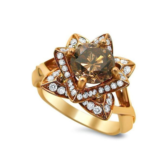 1.50ct Brown Round Diamond Lotus Flower Engagement Ring 14k Rose Gold