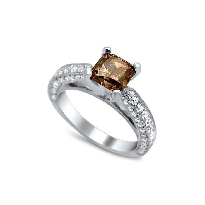 1.96ct Brown Cushion Cut Diamond Engagement Ring Vintage Style 18k White Gold
