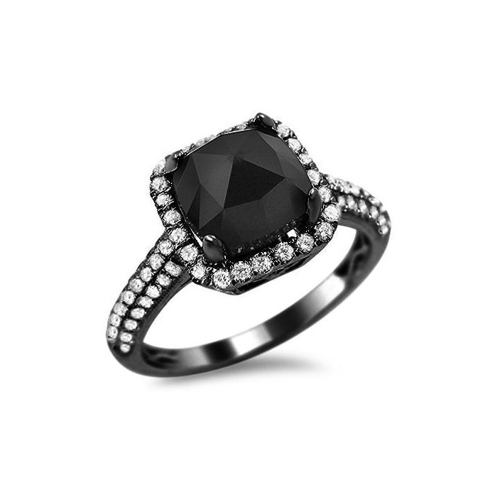 2.40ct Black Cushion Cut Diamond Engagement Ring 18k Black Gold / Front