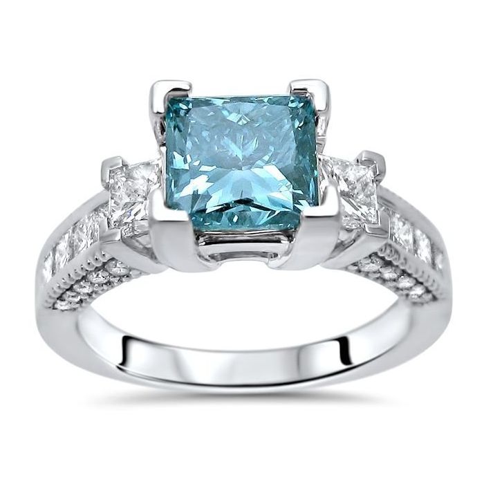 2.0 Ct Blue Princess Cut Diamond 3 Stone Engagement Ring In Solid 14K White Gold 