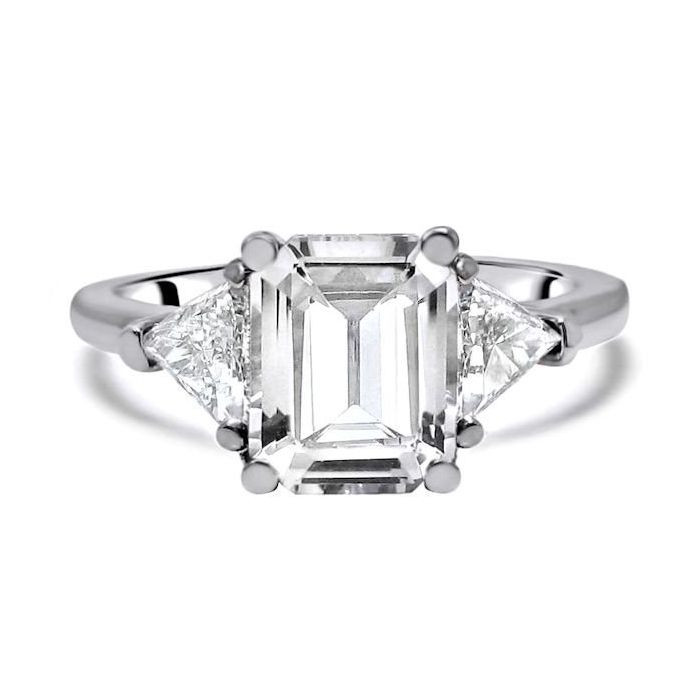 3.10ct Emerald Cut Moissanite Diamond Stone Trillion Diamond Engagement Ring  14k White Gold (9x7) Front Jewelers