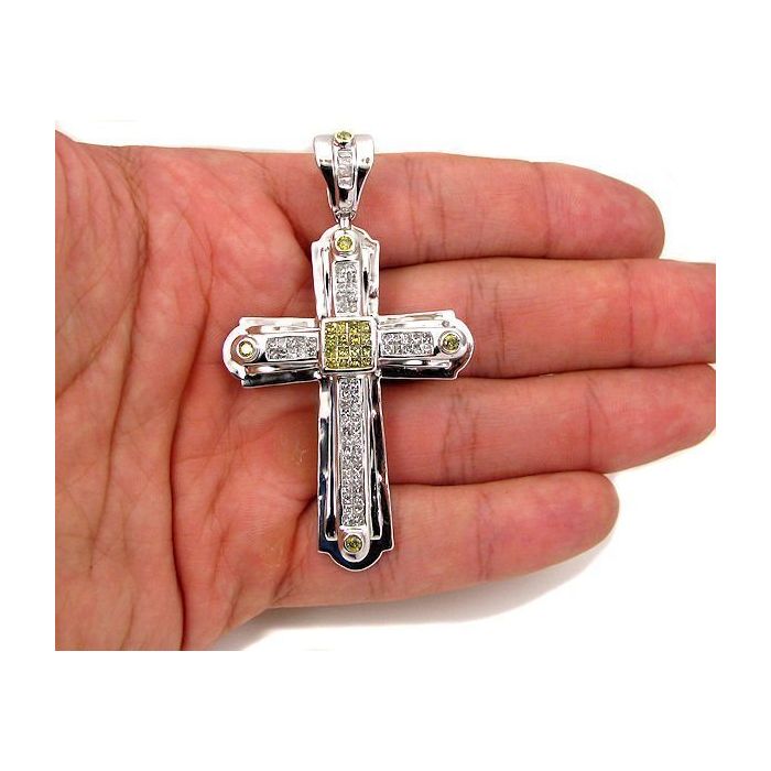 Men s 2.95ct Canary Yellow Diamond Cross Pendant in 14k White Gold