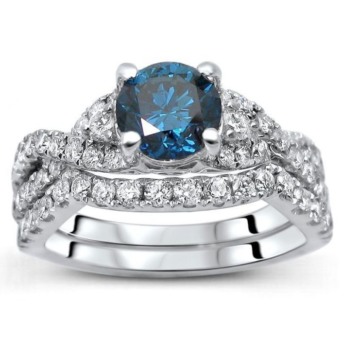 1.50ct Blue Round Diamond Engagement Ring Bridal Set 18k White Gold