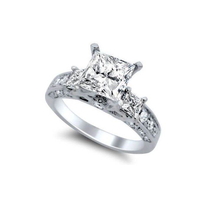 14K White Gold And 2.0Ct Princess Cut White Diamond 3-Stone Engagement Ring 