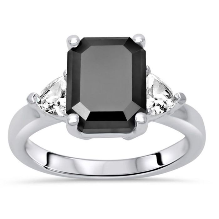 2.55ct Black Emerald Cut Diamond 3 Stone Trillion White Sapphire