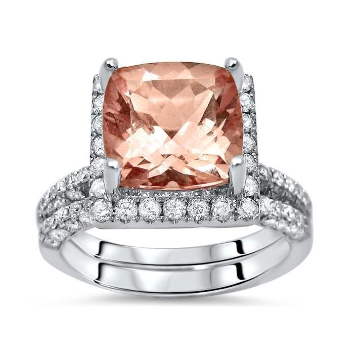 Cushion Cut Morganite Diamond Engagement Ring Bridal Set 14k White  Gold