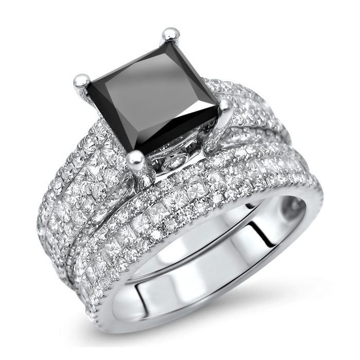 4.93ct Black Princess Cut Diamond Engagement Ring Bridal Wedding Set ...