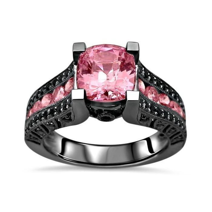 Pink Sapphire Cushion Cut Black Diamond Engagement Ring 14k Black  Gold