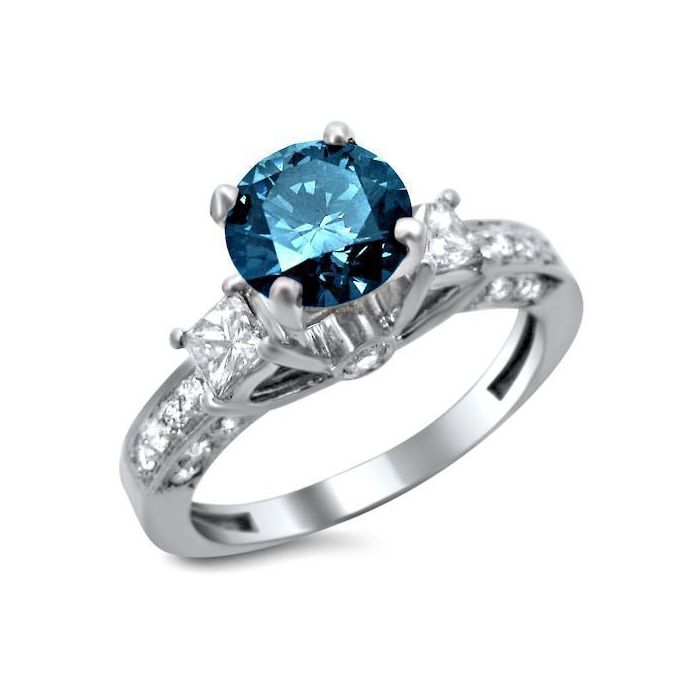 1.65ct Blue Round Diamond 3 Stone Engagement Ring 14k White Gold