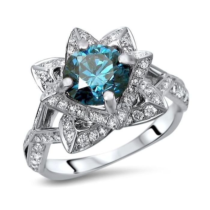 1.80ct Blue Round Diamond Lotus Flower Engagement Ring 14k White Gold ...