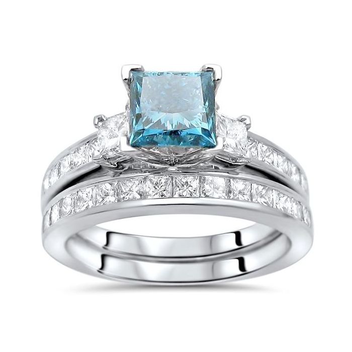 Certified 3ct Blue Princess Diamond Wedding Engagement Ring Set 14k White Gold 