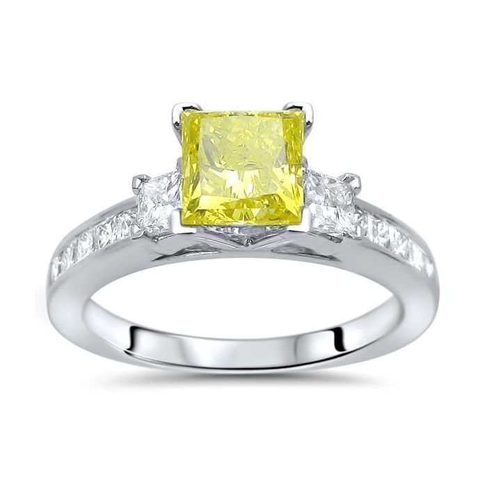2.20ct Canary Yellow 3 Stone Princess Cut Diamond Engagement Ring Bridal Set 14k White Gold