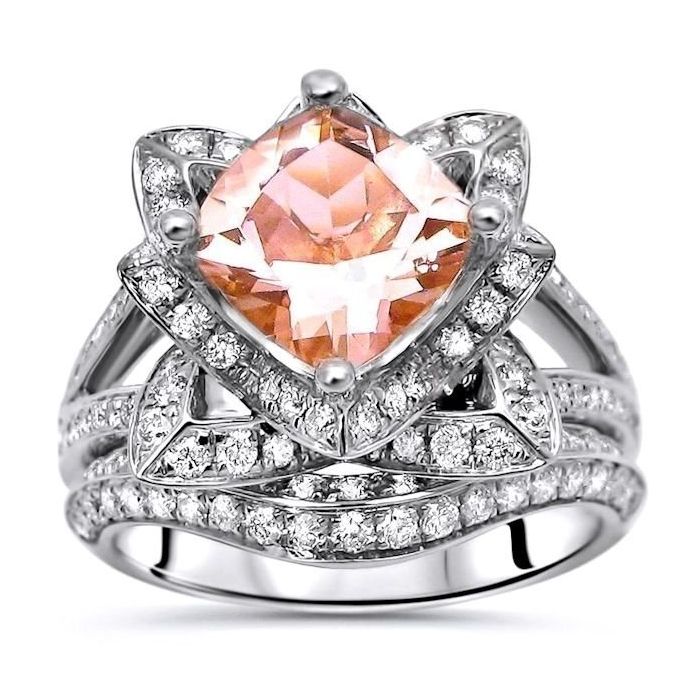 Cushion Cut Morganite and Diamond Lotus Flower Engagement Ring  Bridal Set 14k White Gold