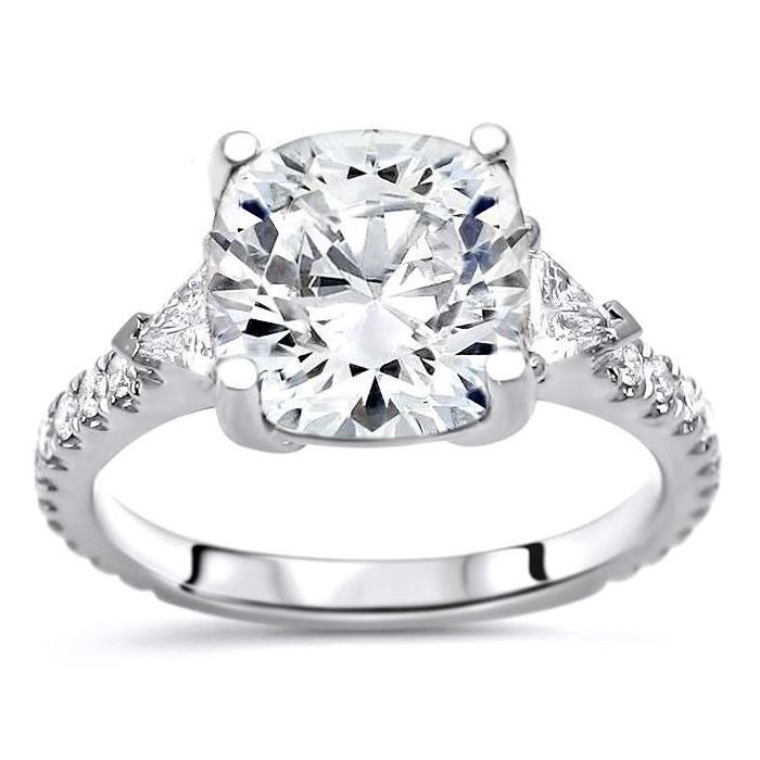 Cushion Cut Diamond Three Stone Ring with Trillion Cut Diamond Side St