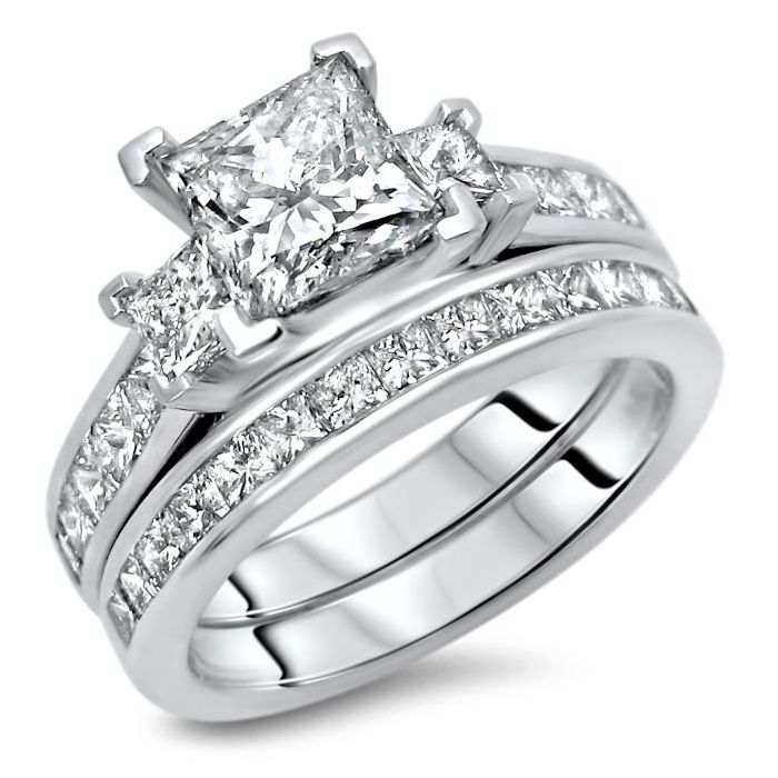 2.25ct 3 Stone Princess Cut Diamond Engagement Ring Bridal Set 14k White Gold