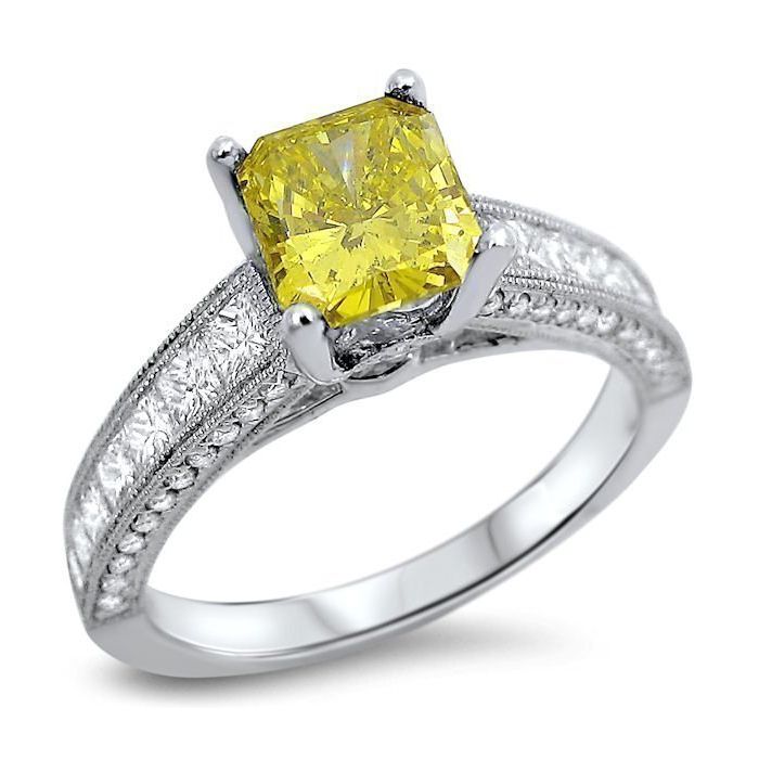 2.0ct Canary Yellow Radiant Cut Diamond Engagement Ring 18k White Gold ...