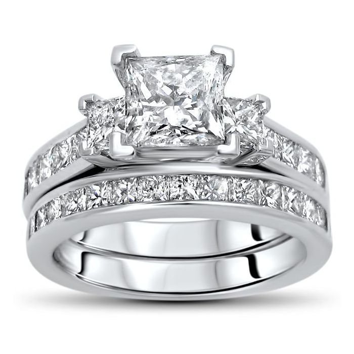 2.50Ct Princess-Cut Diamond Solitaire 3-Stone Engagement Ring 14K White Gold 
