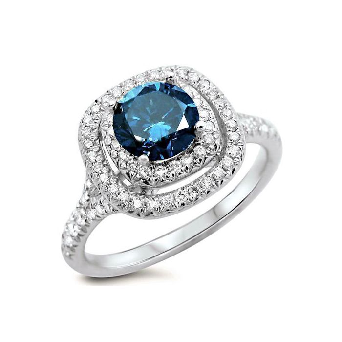 1.25ct Blue Round Diamond Double Halo Engagement Ring 18k White Gold ...