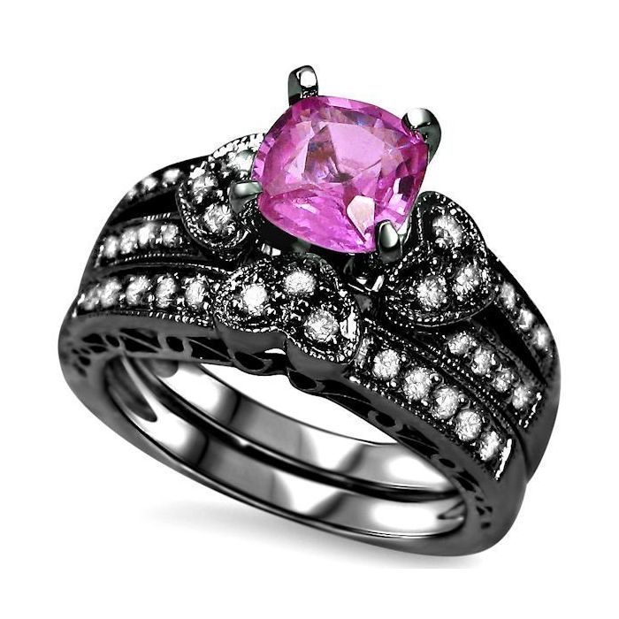 1.60ct Cushion Cut Pink Sapphire Diamond Heart Engagement Ring Set 14k Black Gold