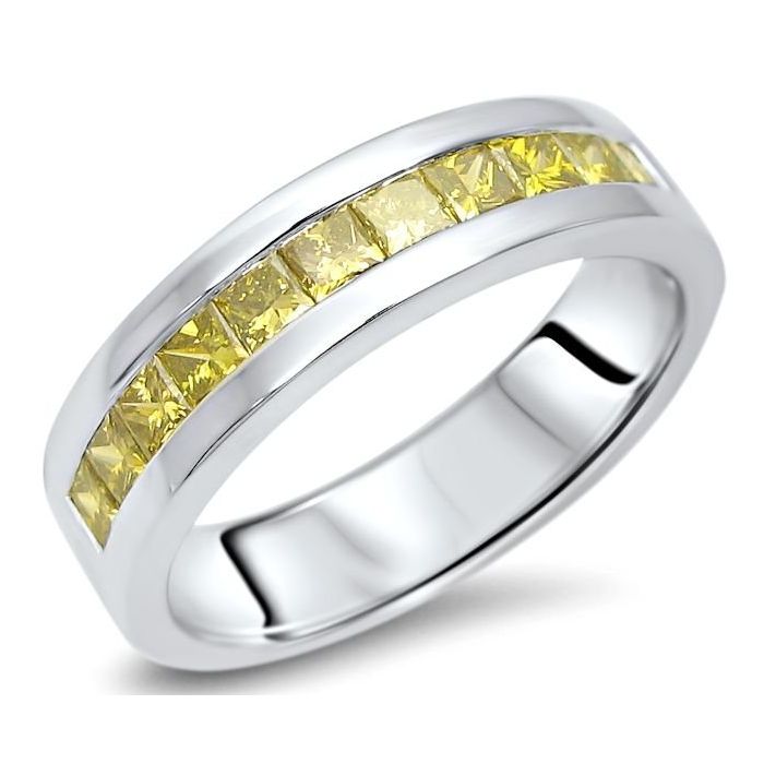 Fancy Yellow Diamond Solitaire Mens Ring 14K White Gold 0.55 Carat Handmade