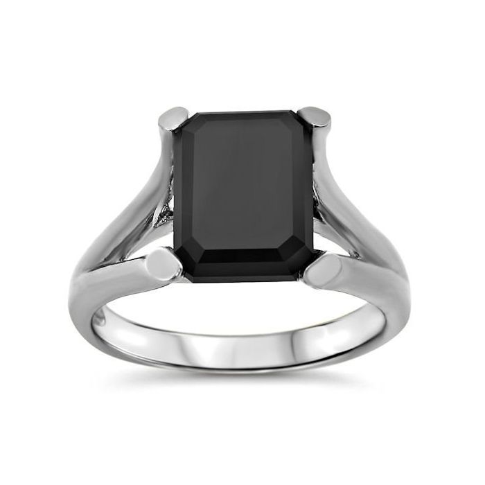 3.0ct Emerald Cut Black Diamond Solitaire Bridge Engagement Ring 14k ...