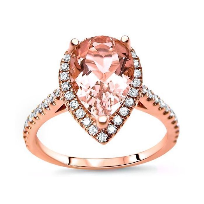 Pear Morganite Diamond Halo Engagement Ring 14k Rose Gold (10x7mm ...
