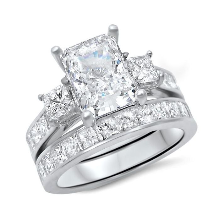 4.30ct Radiant Cut Moissanite 3 Stone Princess Cut Diamond Engagement Ring Bridal Set 14k White Gold