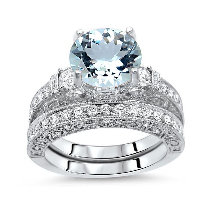 Zoey 3 Stone Diamond Ring Bridal Set with 8mm Round Aquamarine 18k