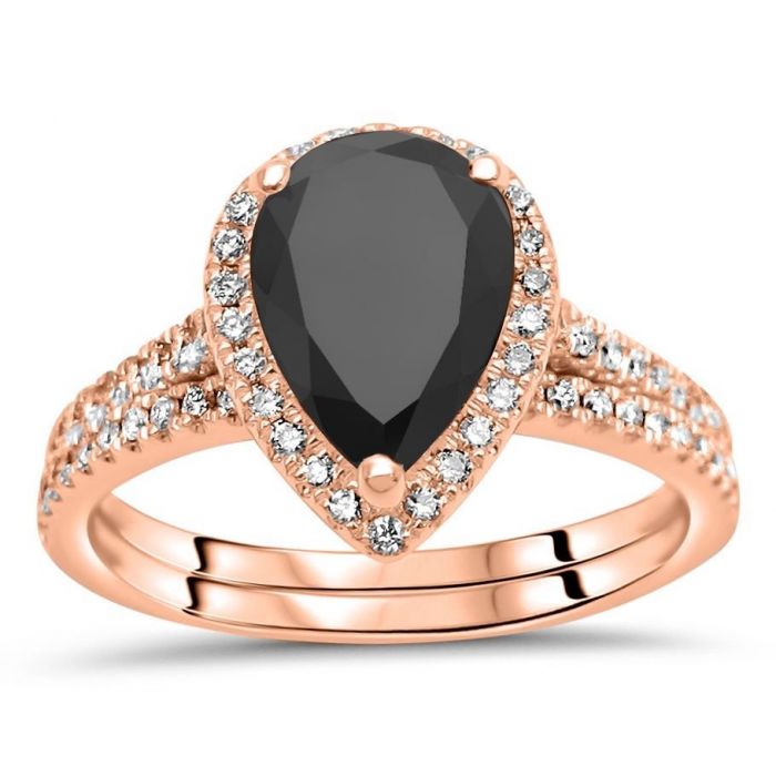 2.52ct Black Pear Shape Diamond Engagement Ring Bridal Set 14k Rose Gold